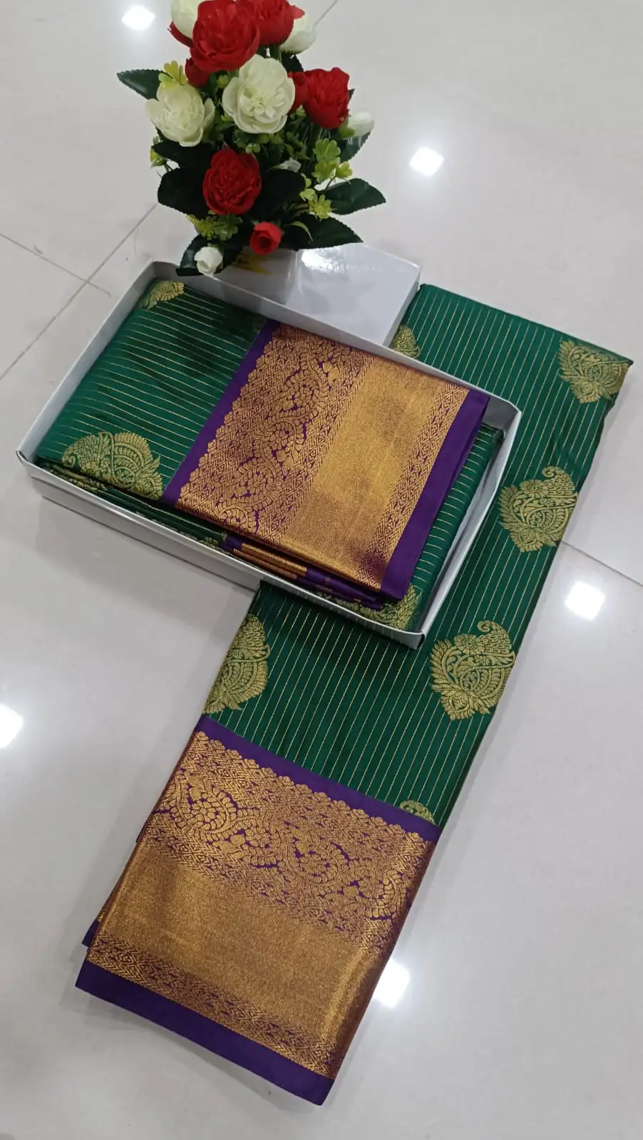Premium Korvai Striped Paisley Butta Semi-Silk